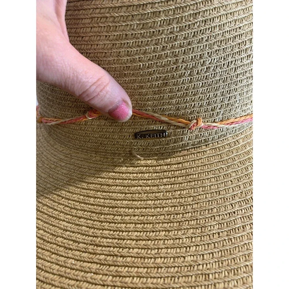 K.Keith Beige Straw Sun Hat Wide Brim with Peach edge and Band, Adjustable Sz M
